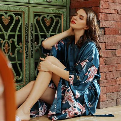 Spring Summer Silk Pajamas Female Crane Print Long Sexy Comfortable Home Nightgown Loose Nightdress