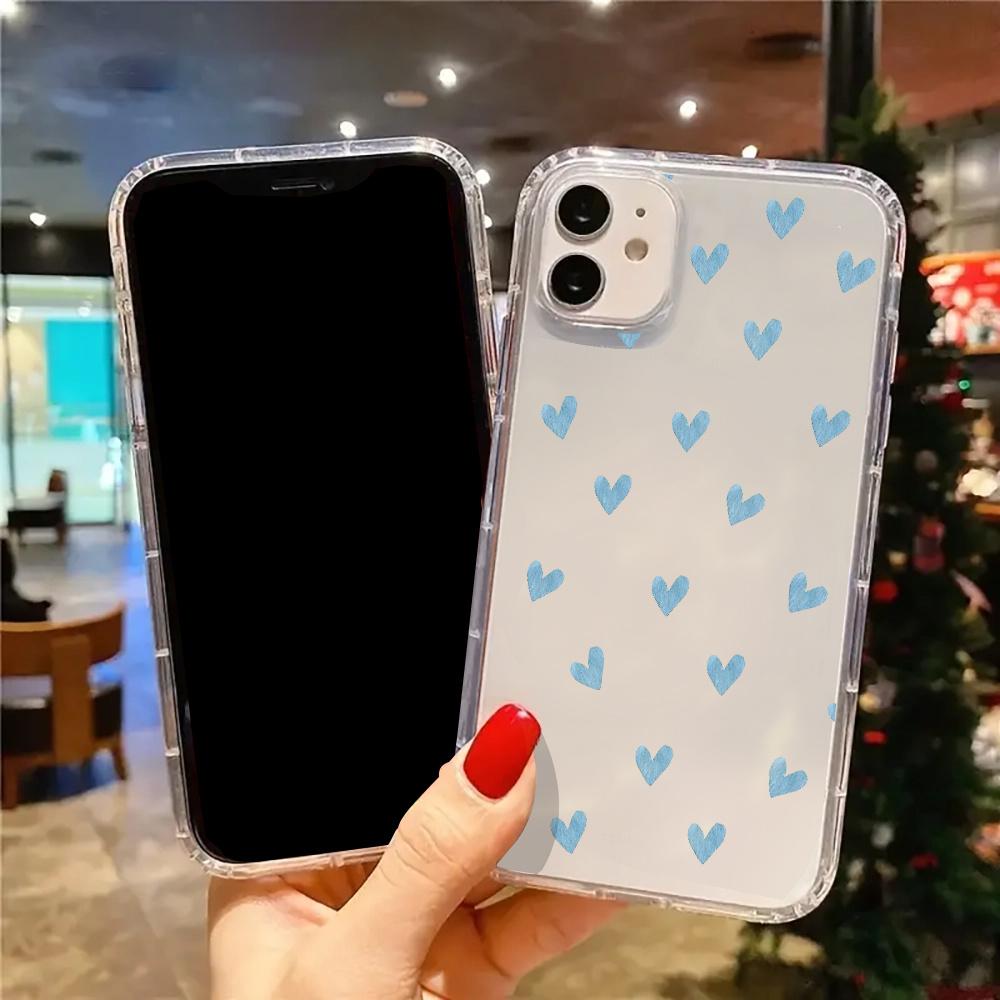 Blue heart-shaped transparent phone case for iPhone 17 16 15 14 13 12 11 Pro/ Max /Plus anti-fall and shockproof back cover