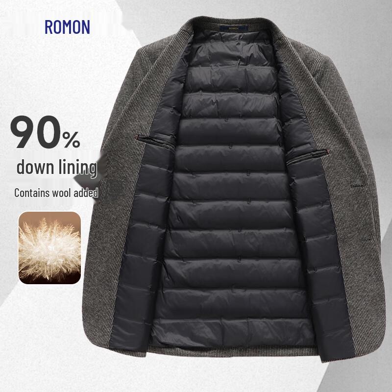 ROMON Men's Winter Wool-Blend Down-Lined Business Casual Blazer