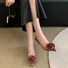 Sexy Silk Slingback Pointed Toe Women Pumps Design Flowers Thin Heels Banquet Prom Shoes
