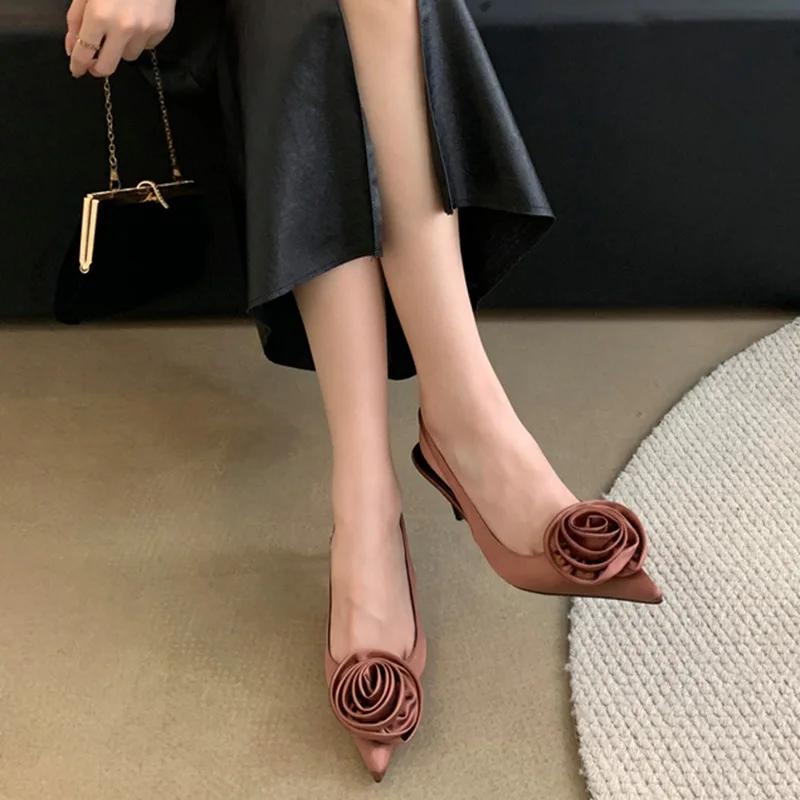 Fashion Sexy Silk Slingback Pointed Toe Women Pumps Fashion Design Flowers Thin Heels Banquet Prom Shoes