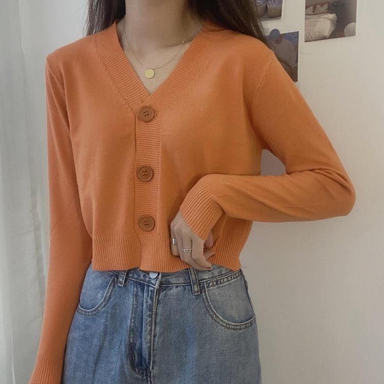 Solid One Size Women's V-Neck Knitted Long Sleeve Pullover Cardigan Sweater Spring Fall Tops Single Breasted Button Fresh Outerwear