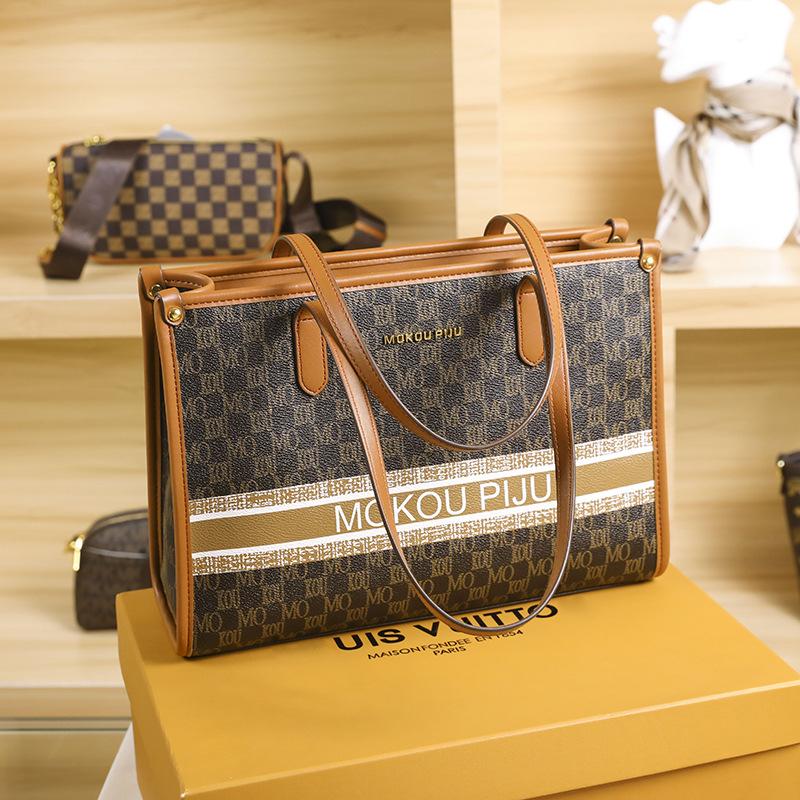

New women s bag large-capacity portable tote bag premium texture printed letter versatile shoulder bag темно-коричневого