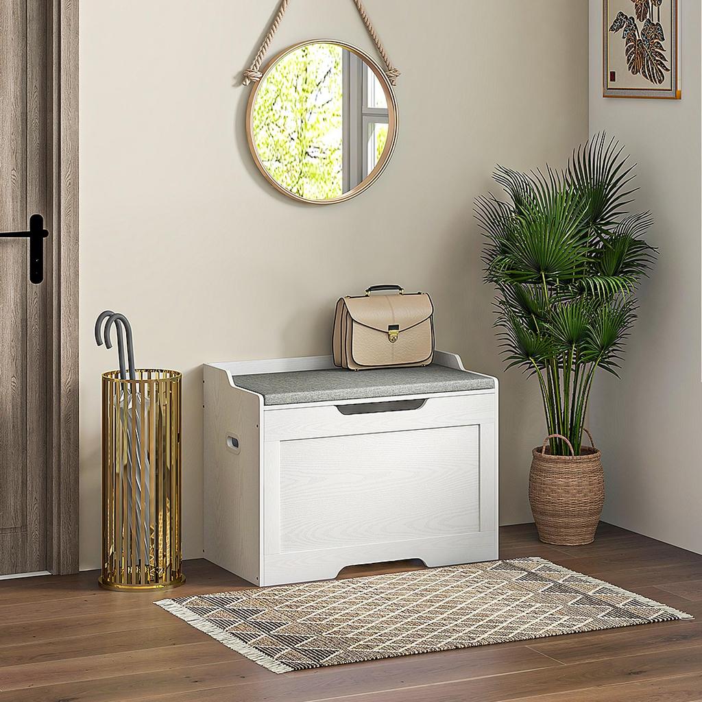 103 Liter Storage Chest, Storage Bench with Safety Hinge, Seat Cushion, for Various Rooms, White
