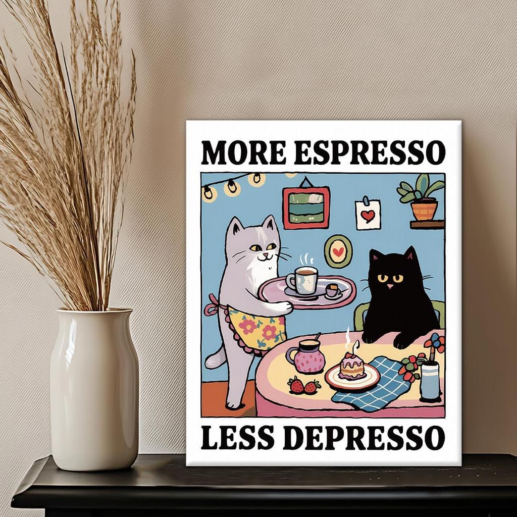 Coffee Cat Kitchen Canvas Wall Art More Espresso Less Depresso Black Cat Poster Print Wall Decor Cats Coffee Painting for Home Kitchen Dining Room