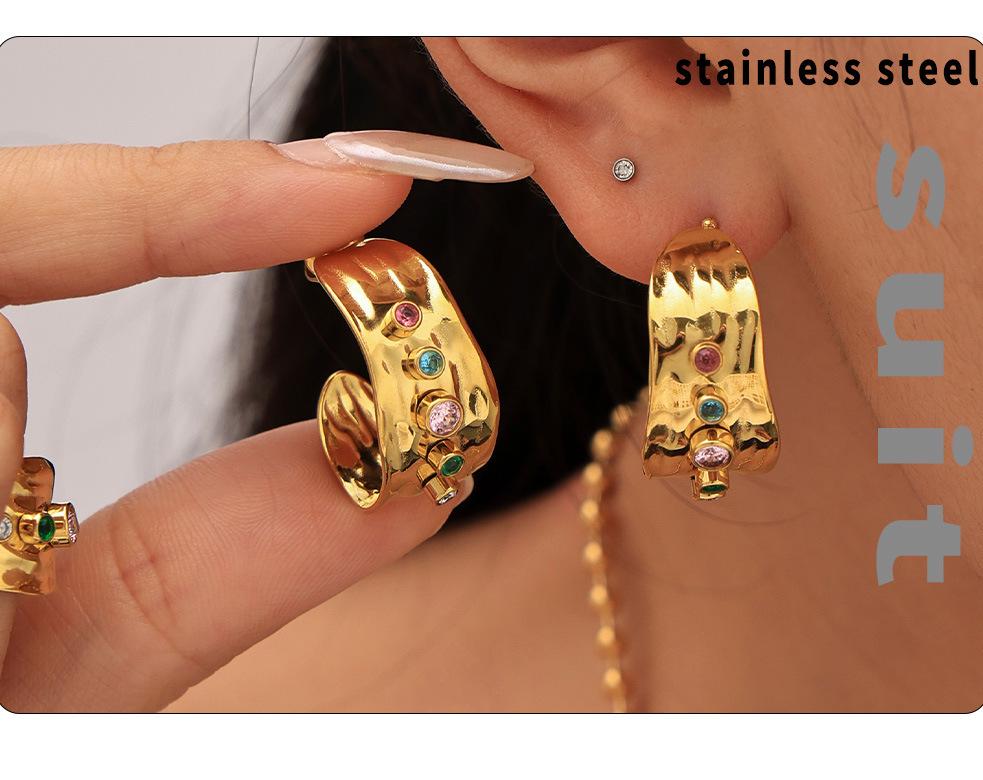Qiong Yao Mixed Color Cubic Zirconia Open Ring C-shaped Earrings, 18K Gold Plated Stainless Steel Jewelry Set for Women