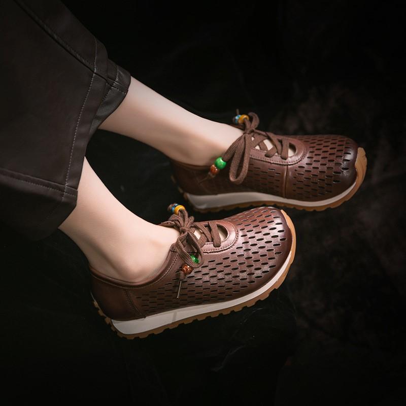 Johnature Genuine Leather Hollow-out Breathable Casual Shoes Lightweight Versatile Lace Up Women's Flat Shoes
