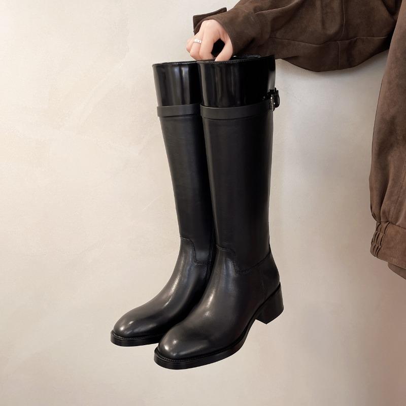 Cizme cu tub lung din piele naturală pentru femei, toamnă-iarnă, pentru picioare groase, cizme lungi până la genunchi, cu cataramă de blocare, cizme înalte tip cavaler