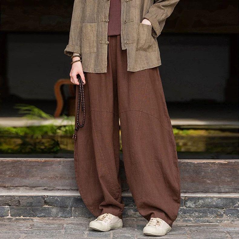 Women Vintage Linen Bloomers Pants Solid Color Patchwork Elastic Waist Spring Trouser Loose Pants