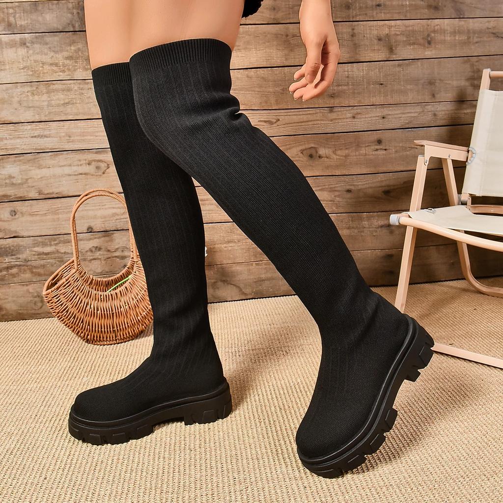 Mode Neue Frühling/Herbst Damenstiefel Mittelhoch Absatz Slipper für Damen Outdoor Kleid Rund Zehenbereich Sockenstiefel Blockabsatz Plateauschuhe