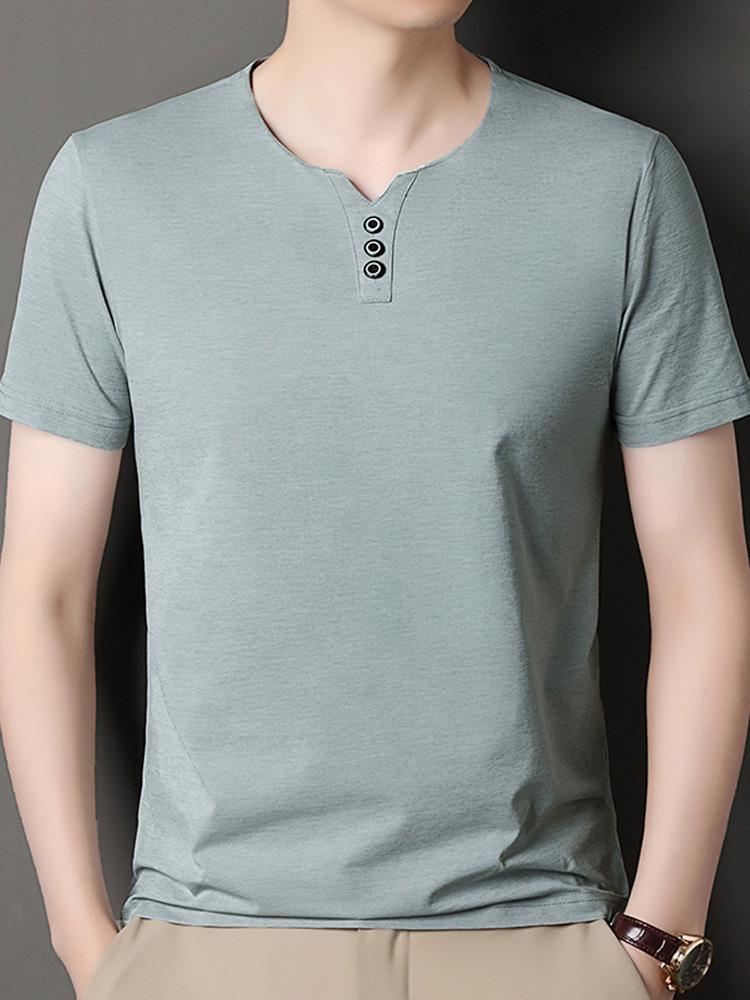 Men's Summer Crew Neck Solid Color Casual Short Sleeve T-shirt, Versatile Korean V-neck Style