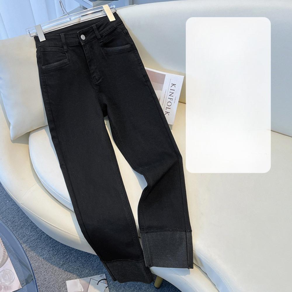 Women's High Waist Straight Leg Jeans Loose Fit Cuffed Hem Denim Pants for Casual Daily Wear