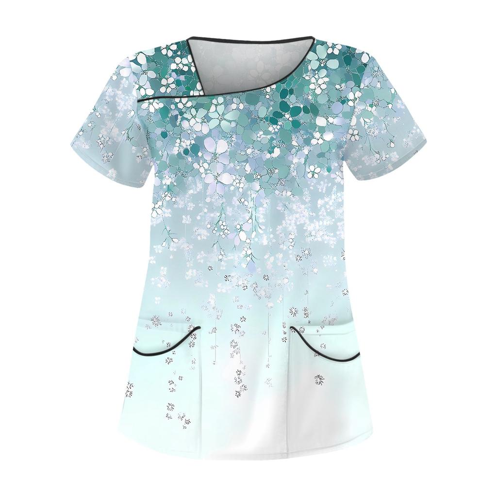 Women's Casual Print Short Sleeve Sloping Collar Workwear Top With Double Pockets