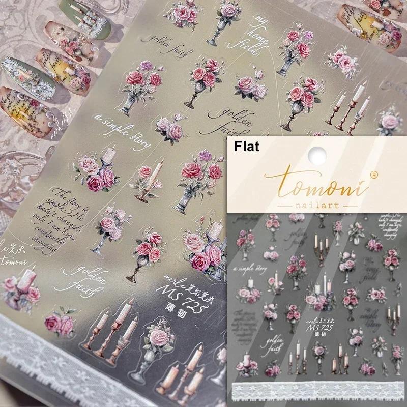 Cherry Blossom Pink Flower Sakura Spring 5D Nail Art Sticker Gold Stamping Soft Adhesive Relief Adhesive Chic Manicure Decals