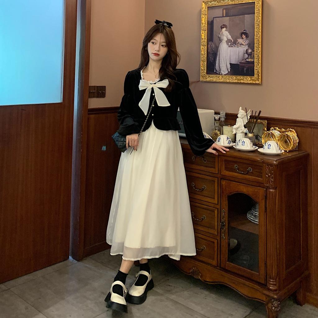 Autumn Large-size Women's Clothing New Fat Mm Fake Two-piece Velvet Dress Women's Bow Top Splicing Skirt