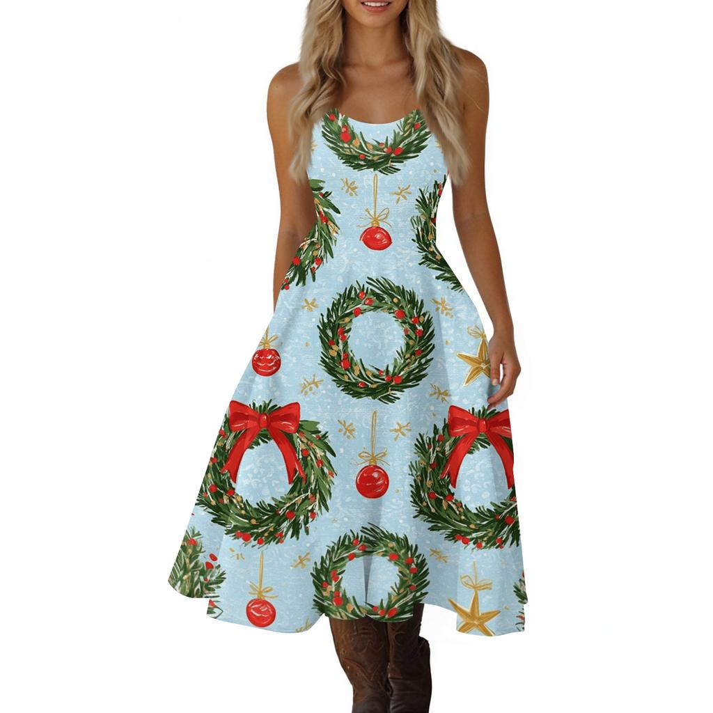 Damen Weihnachtsdruck Off-Shoulder Vintage Kleid