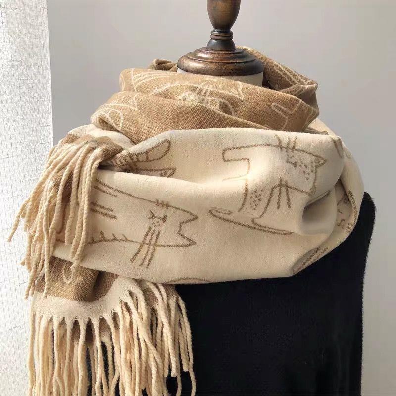New Thick Tassel Scarf for Women Cat Print Imitation Cashmere Shawl Sun Protection Autumn and Winter Windproof Scarf