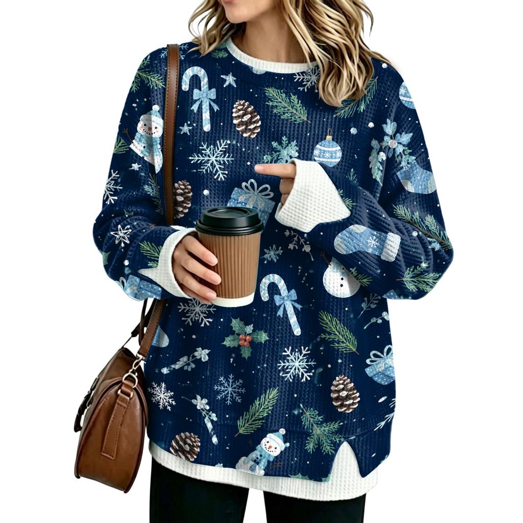 Women's Flannel Round Neck Two-Piece Paneled Christmas Print Top for Holiday