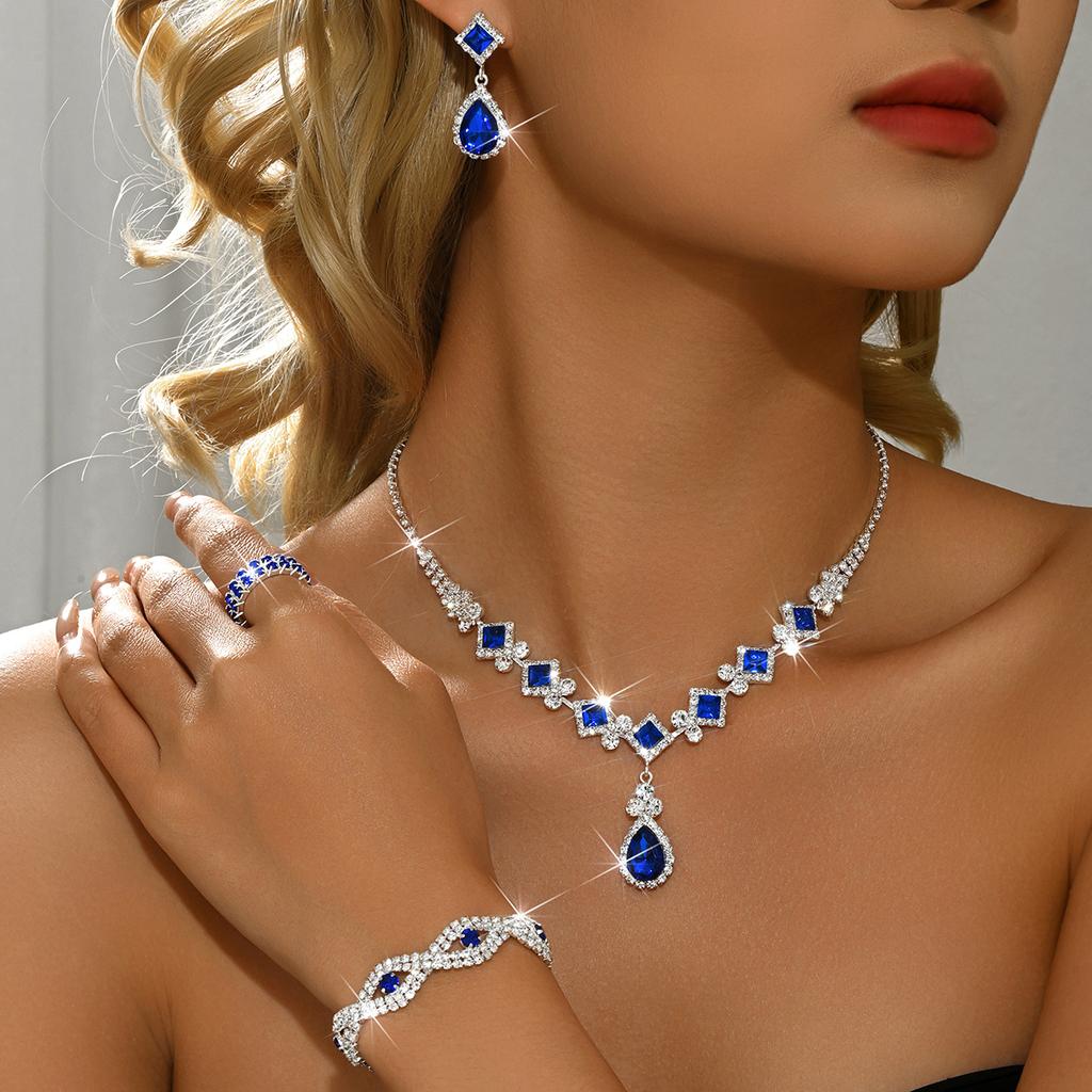 Bridal Wedding Waterdrop Color Diamond Necklace Earrings Bracelet Ring 4-piece Set Party Banquet Full Set Jewelry
