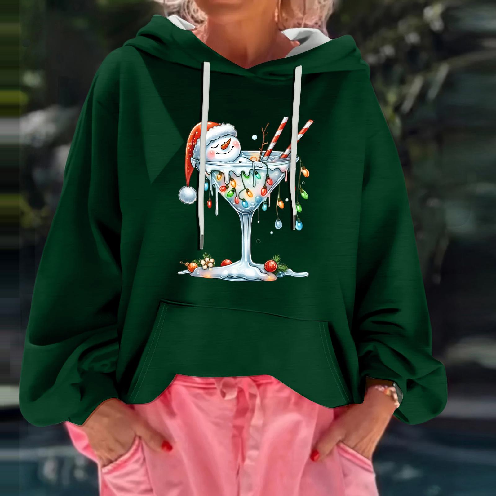 

Женский рождественский принт, свободный повседневный худи с длинным рукавом и капюшоном L темно-зеленого