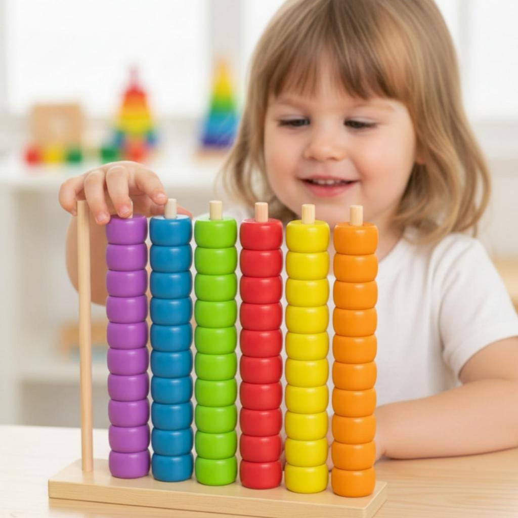 Children's Bead Counting Toy Wood Finish Wooden Abacus Brightly Colored for