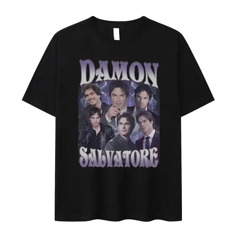 Hot Sale Damon Salvatore TV Drama Graphic Print T-shirt Men Women Retro Gothic Fashion Loose Casual Oversized Streetwear Harajuku Y2K Summer New Teee