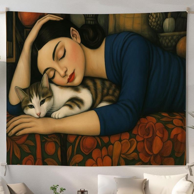 A woman sleeps with a cat. tapestry 75x100 чёрный