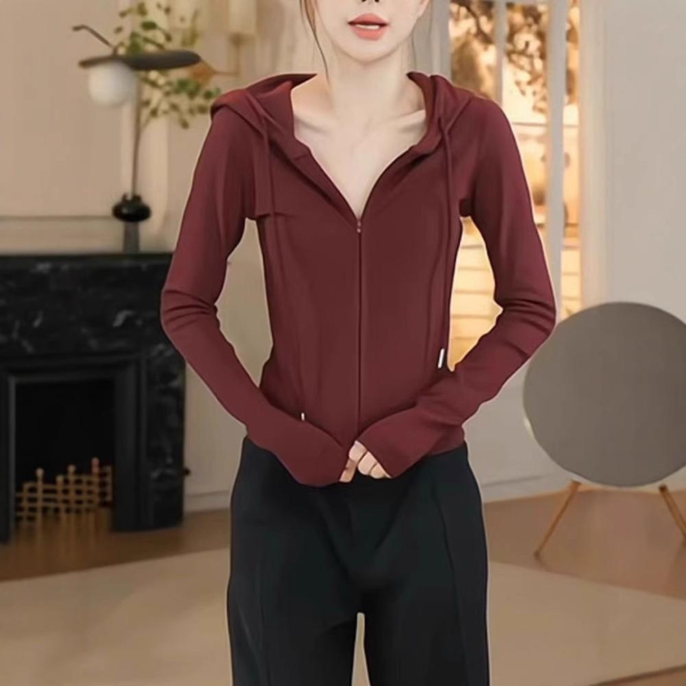 Design Sense of Encore Red Hooded Double Zipper Cardigan Jacket Women's Waist-Close-Slimming T-Shirt Top
