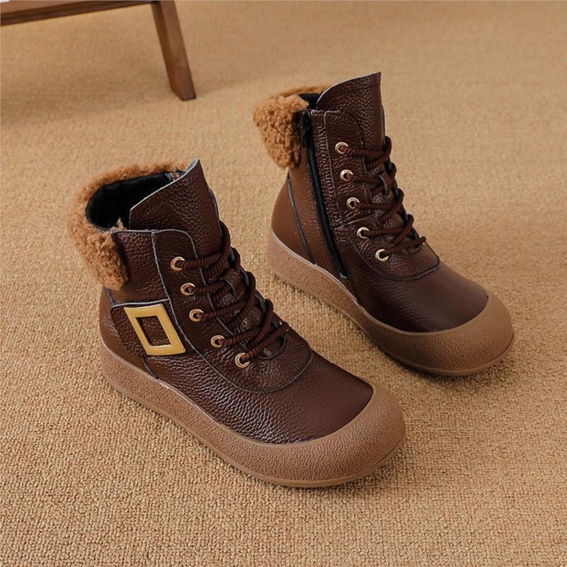 Johnature Retro Round Toe Side Zipper Plush Warm Short Boots Genuine Leather Soft Soled Women's Boots