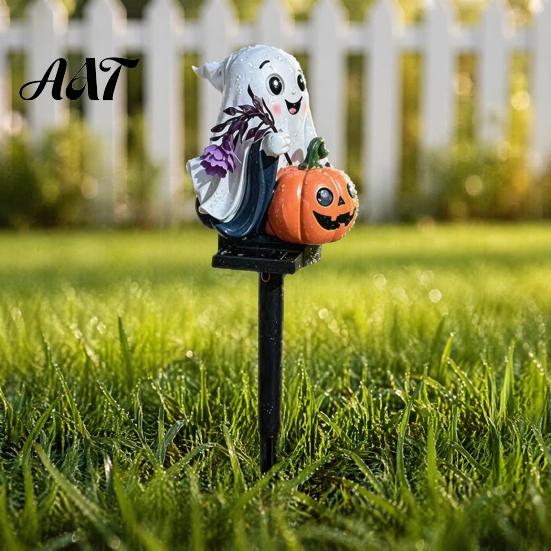 Outdoor Halloween Yard Decorations Solar Ghost Pumpkin Stake Light, LED Auto Light Sensor Garden Lamp, Waterproof Decorative Pathway Ground Lights for