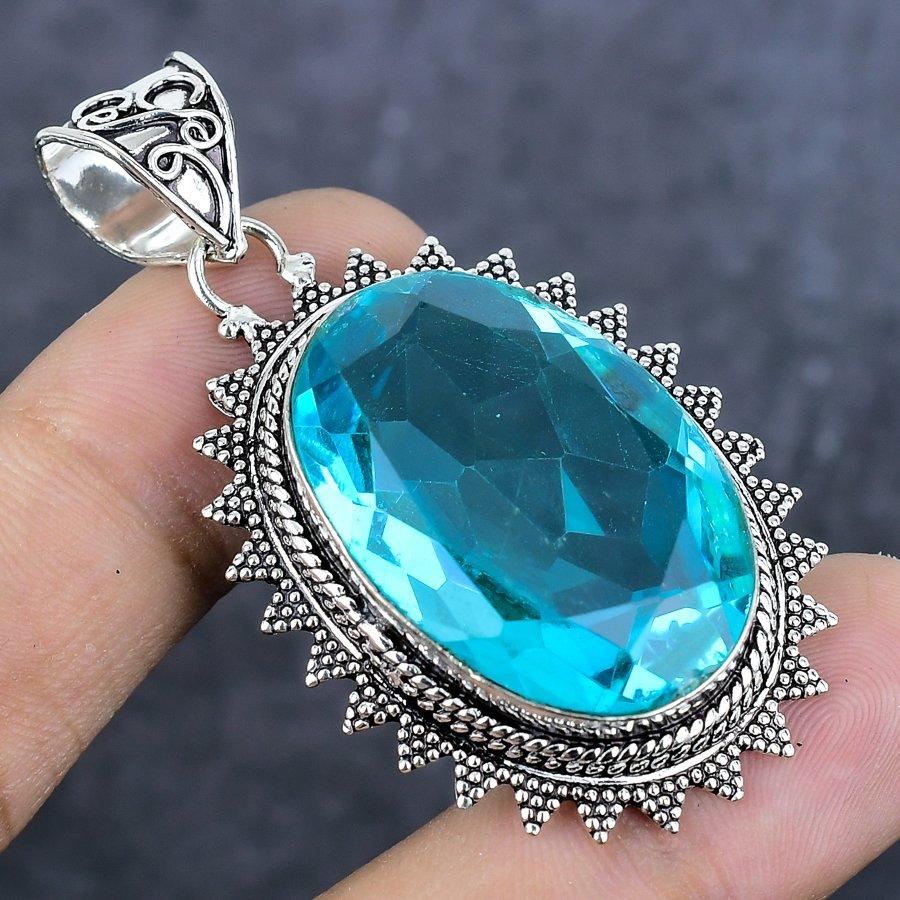 Blue Topaz Gemstone 925 Sterling Silver Jewelry Pendant 2.17"