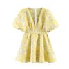 Women's summer new French retro deep V-neck waist thin floral dress bubble sleeve dress
