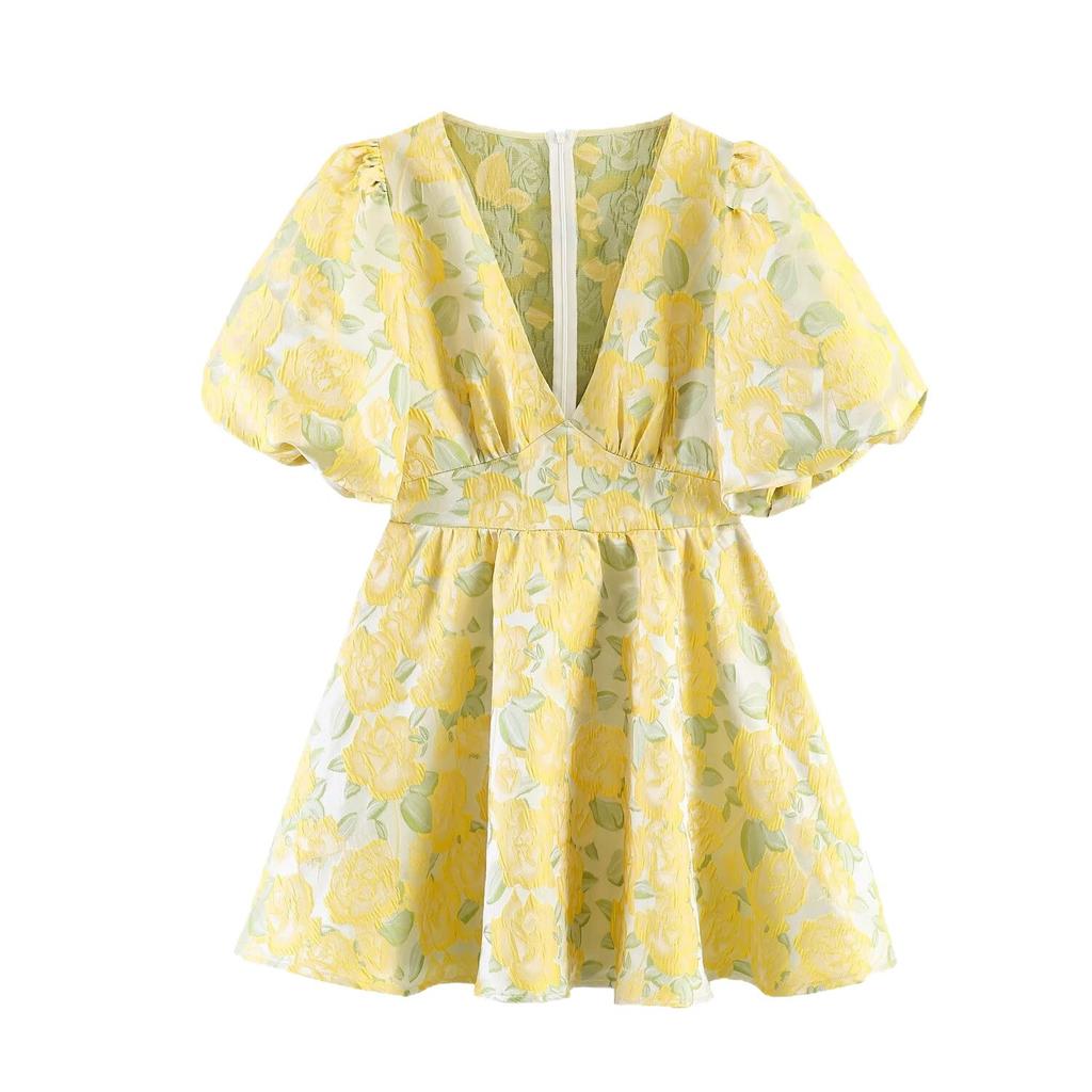 Women's summer new French retro deep V-neck waist thin floral dress bubble sleeve dress