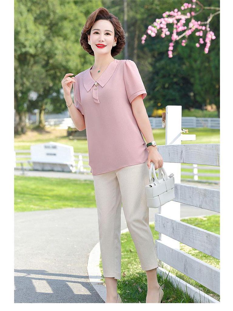Mom's Stylish Summer Two-Piece Set: Chiffon Top & Short Sleeve T-Shirt for Middle-Aged Women