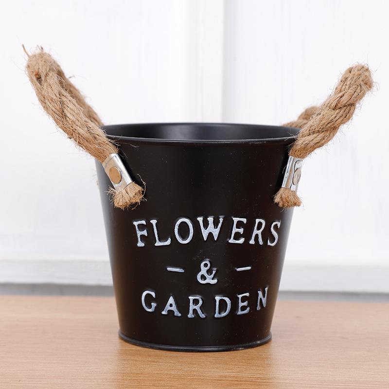 

Цветной жестяной цветочный горшок в скандинавском стиле с пеньковой веревкой: Кованый железный суккулентный кашпо и настольное украшение для хранения чёрный