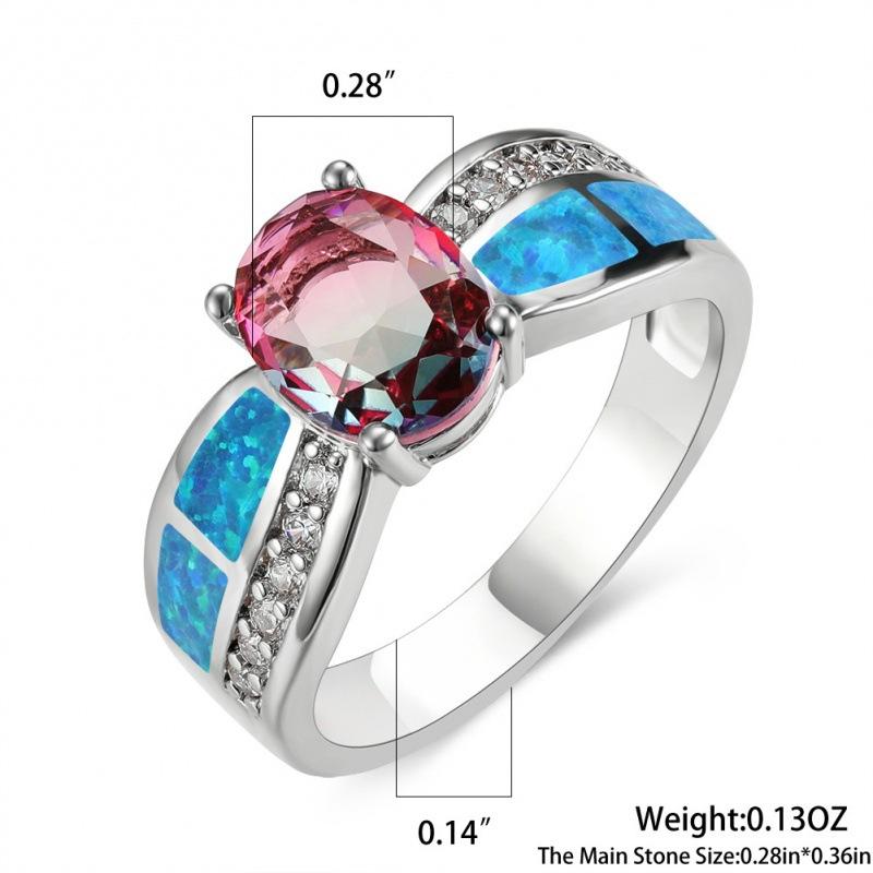 Wish temperament oval platinum two-color opal + tourmaline personality ring
