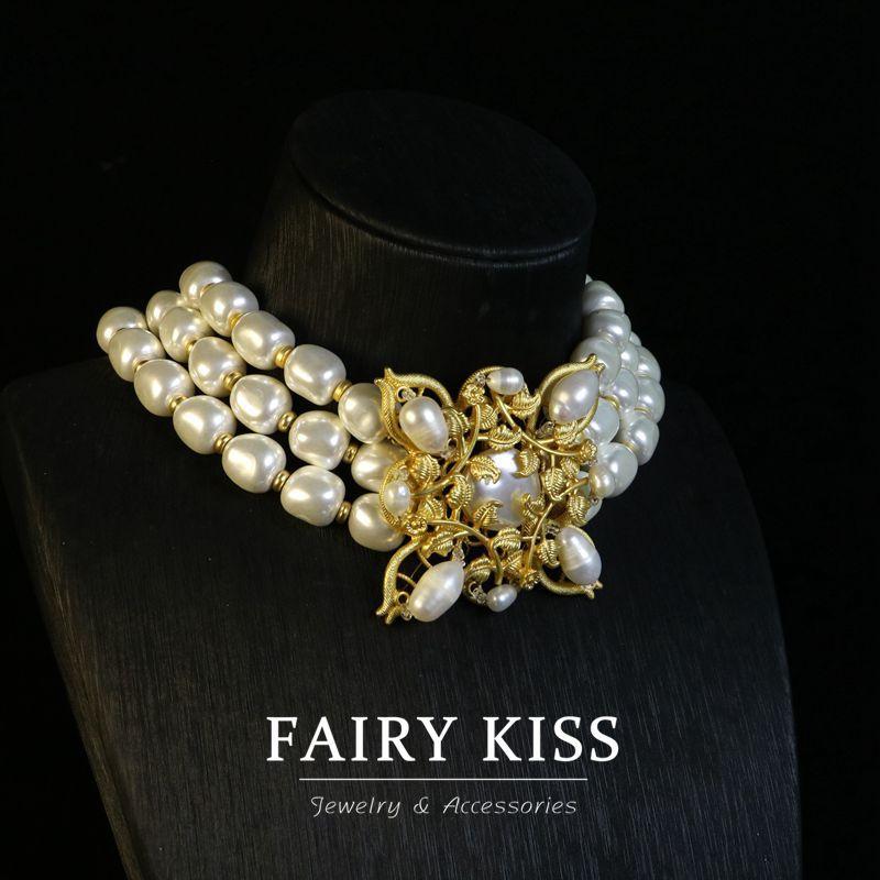 French Retro Electroplated Real Gold Imitation Pearl Cultured Pearl Stud Earrings Necklace Elegant Temperament Versatile High Sense Set