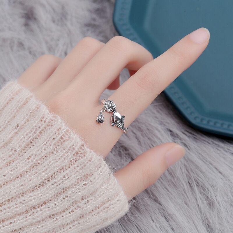 New Personality Creative Carp Lotus 925 Sterling Silver Jewelry Flower Fish Temperament Animal Opening Rings R339