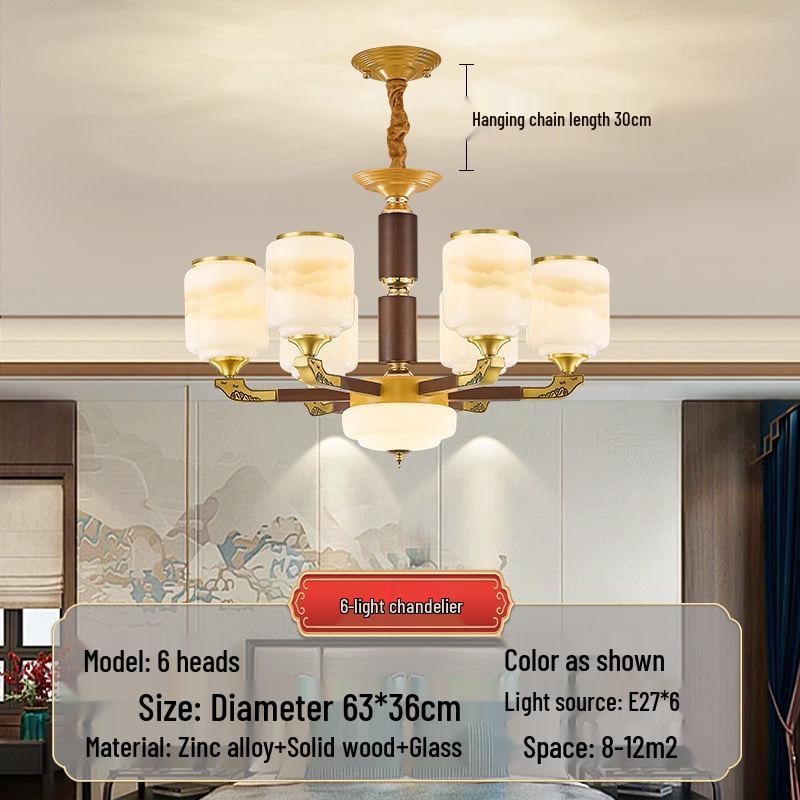 

New Chinese-Style Living Room Chandelier: Zinc Alloy and Solid Wood Villa Main Light for Restaurant or Bedroom. 8 Heads with 18W Full Spectrum Bulbs