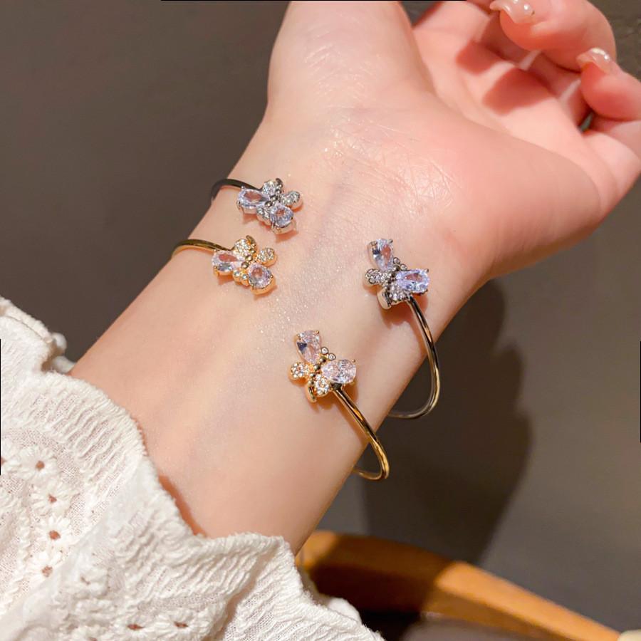 Butterfly Charm Double Layer Open Bracelet With Cubic Zirconia For Fashion Women