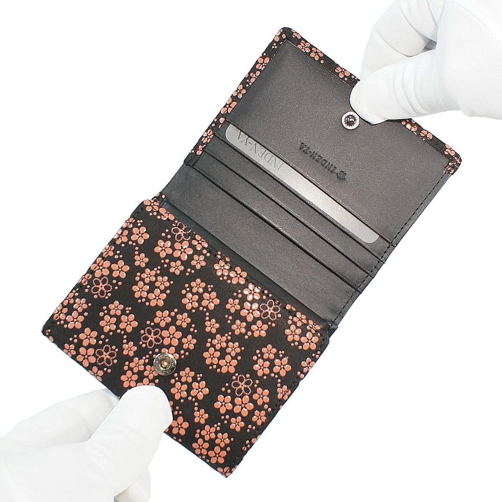 Indenya Inden Bifold Wallet with H-shaped Bill Compartment and Box-Shaped Coin Purse, Deerskin Leather, Black with Pink Lacquer, Forget-Me-Not
