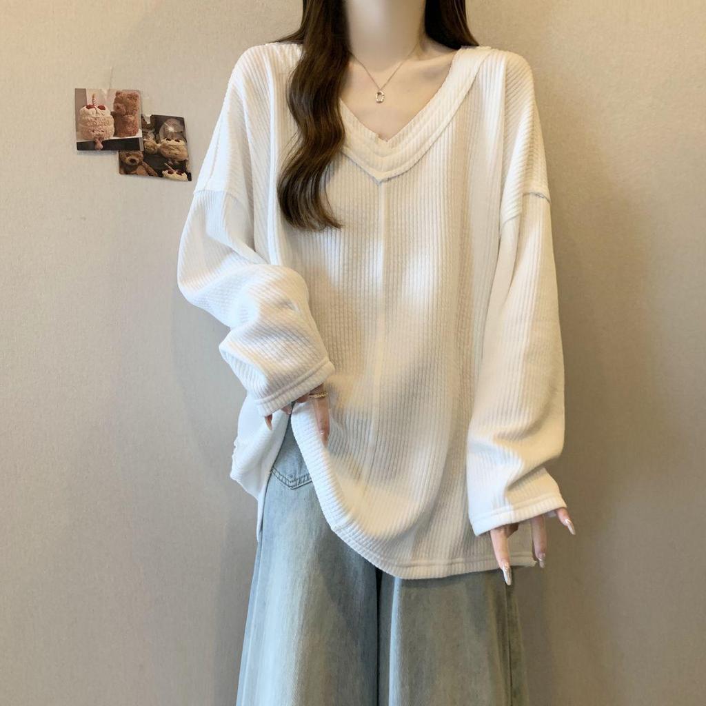 Ribbed V-Neck Long-Sleeve Women's Loose T-Shirt, 2025 Autumn Collection