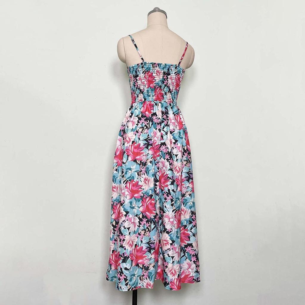 Women's Summer Ethnic Printed Sleeveless High Waist A Line Lace Up Dress