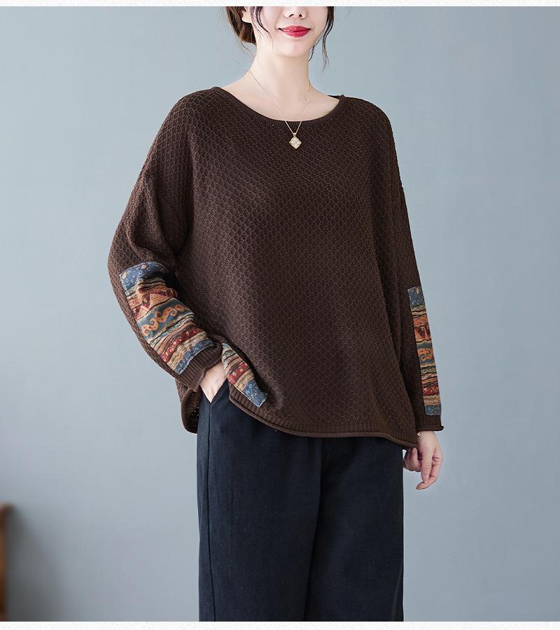 2024 Autumn/Winter Plus Size Retro Ethnic Applique Cotton Knit Women's Loose Round Neck Pullover