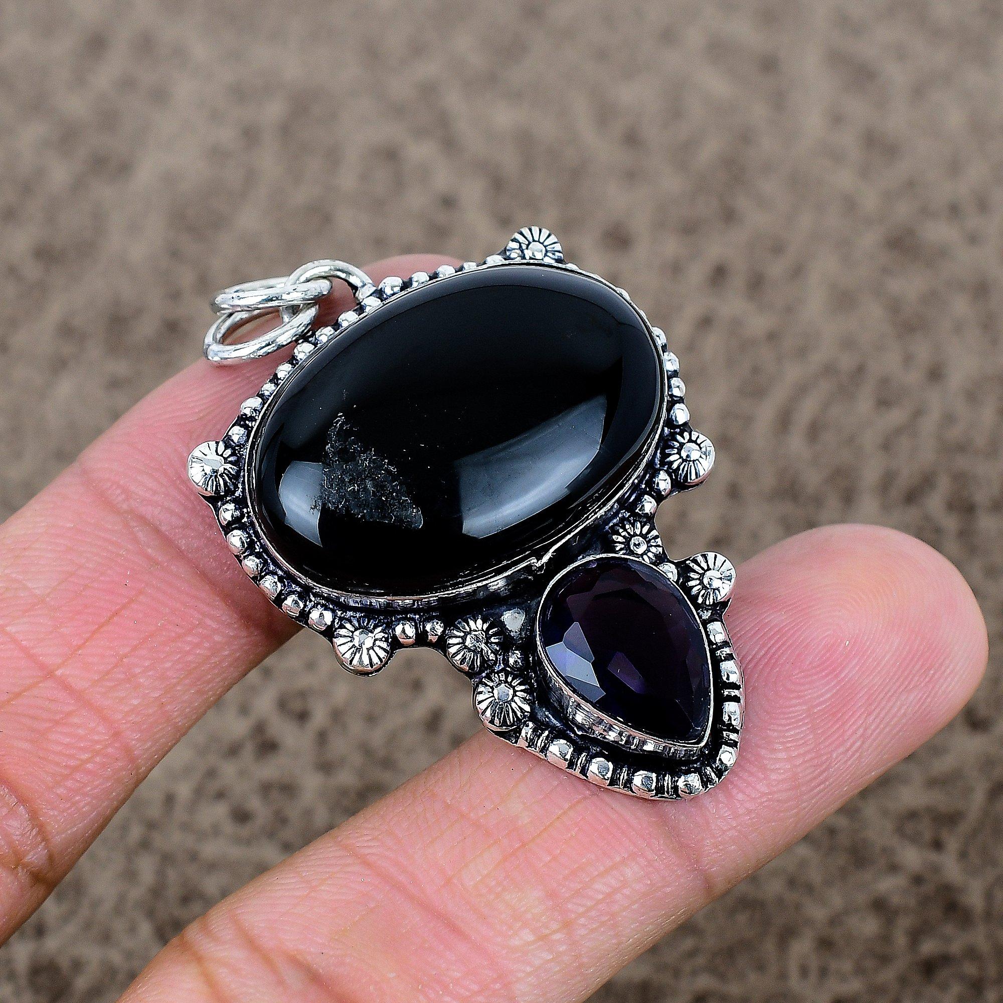 

Black Onyx, Amethyst Gemstone 925 Sterling Silver Jewelry Pendant 2.05 KKG-323