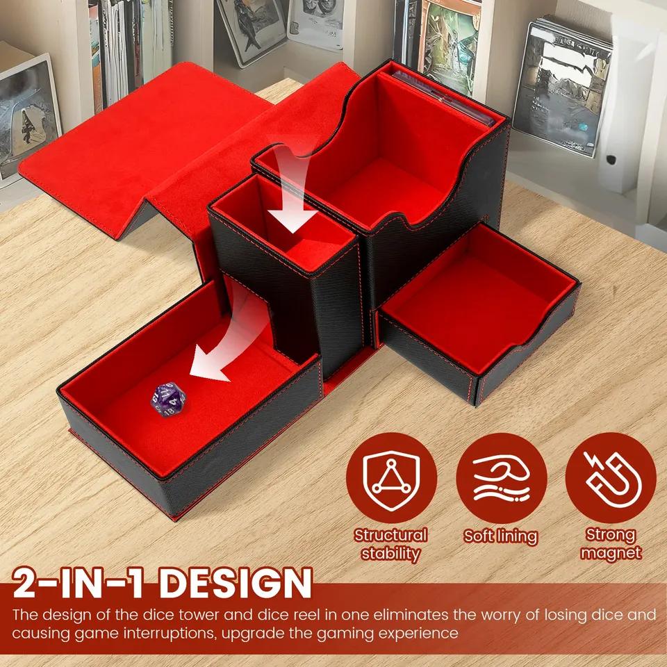 Dice Deck Box Commander Display Window PU Leather Card Holder Organizer For More Than 100 Double-Sleeved Cards
