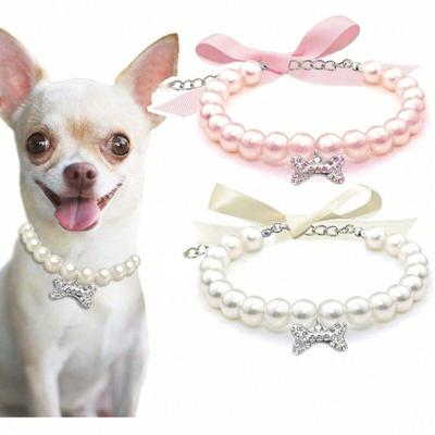 Pearl Necklace with Rhinestone Bone Decor for Dogs & Cats, Fashionable Cat Wedding Collar Jewelry Suitable for Girls, Cats, Small Dogs