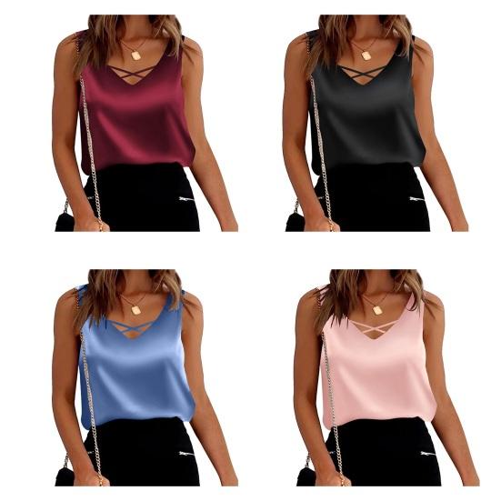 Dames satijnen tanktop zijdezacht basic camisole blouses casual V-hals cami mouwloos lounge tops zomer business werkhemden