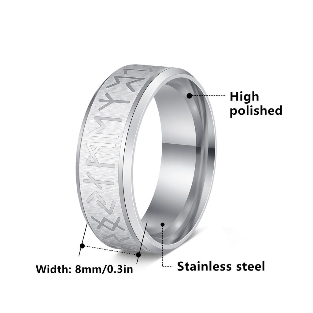 Viking Rune Ring 8mm Titanium Steel Men's Jewelry Dark Norse Pirate Style Band