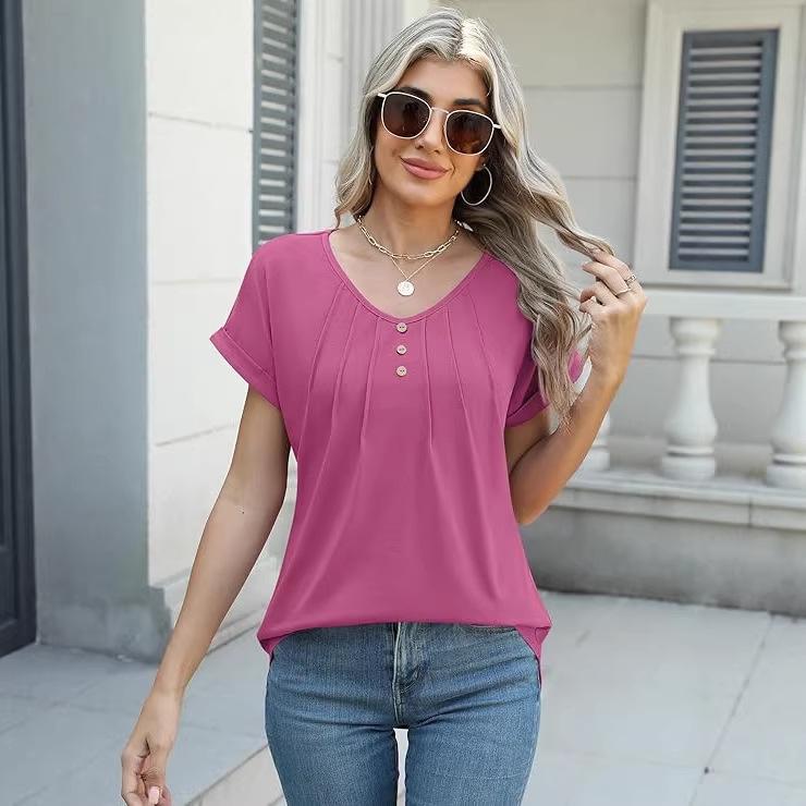 Women's V-neck Pleated Button Short Sleeve Casual Top
